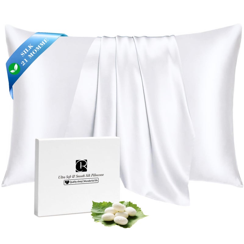 Ravmix 100% Silk Pillow Cases with Zipper, 21 Momme Mulberry Silk Pillowcase for Hair Skin Health, Soft Smooth Breathable Cool Pillow Cover for Beauty Sleep(Standard 20"x26", Pure White) 1PC - Image 1